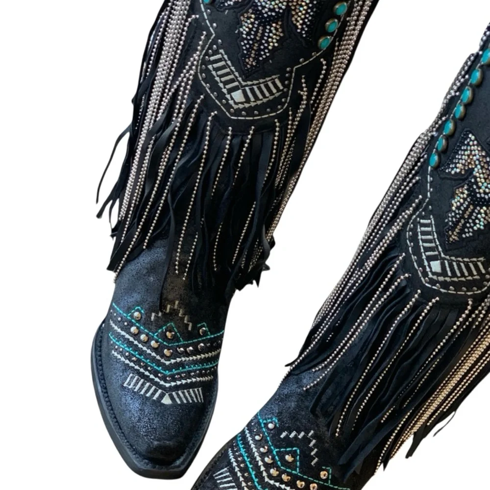 CORRAL EMBROIDERED AND CRYSTAL Black and Turquoise Eagle FRINGE WESTERN BOOTS - Picture 10 of 16